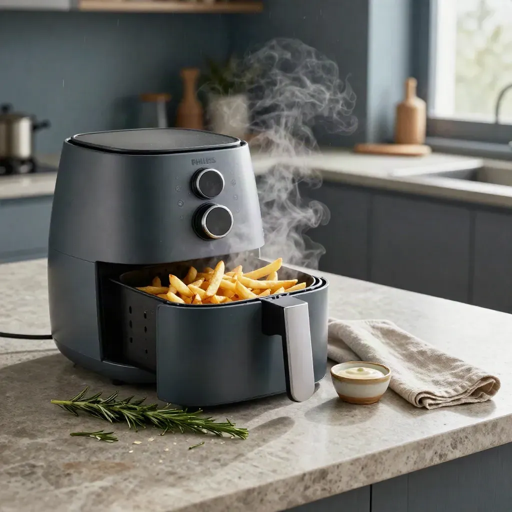 Mattschwarzer Airfryer mit Pommes, Rosmarin und Schälchen auf heller Steinplatte