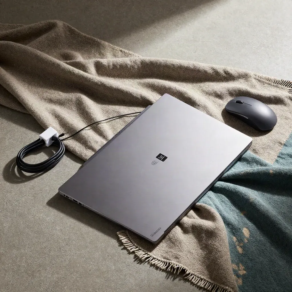 Overhead-Faltlay mit Laptop, Maus, Ladegerät und Notizbuch auf Wollstoff